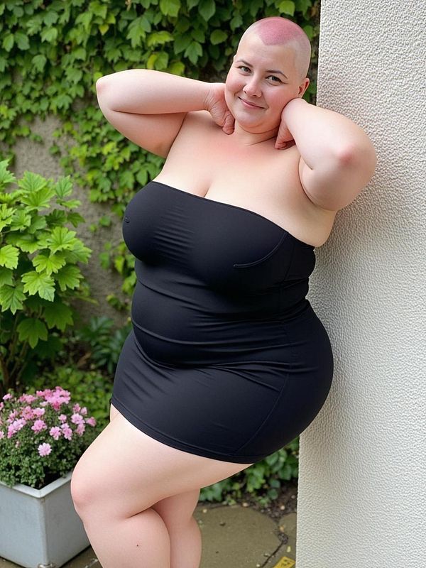 A confident individual poses in a black strapless dress against a backdrop of greenery.
