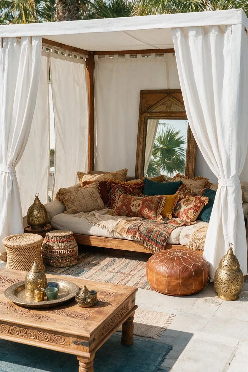 A cozy backyard bohemian lounge under a white canopy with sheer curtains tied back on the sides. The seating area includes a low wooden daybed piled with patterned pillows and layered textiles, a carved wooden coffee table, woven stools, brass lanterns, a leather pouf, and a large rustic mirror leaning against the back wall.