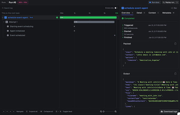 The image displays a user interface for monitoring the execution of an AI agent on a server using trigger.dev.