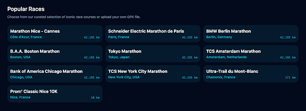 A list of popular races with their locations and distances.