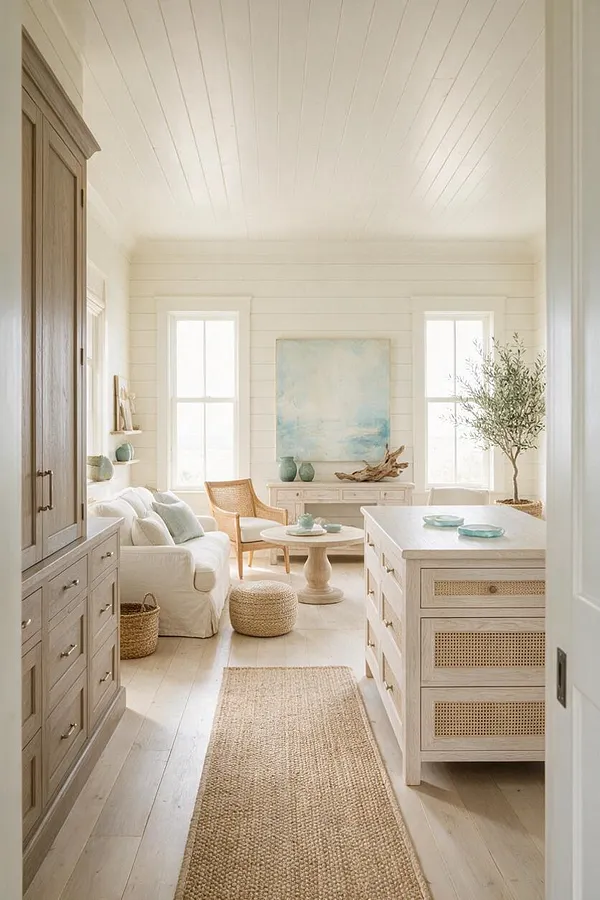 A bright coastal-style closet with white shiplap walls and ceiling, light wood floors, and built-in storage. The room includes a soft white sofa, woven ottomans and baskets, a cane-front island, a rustic wood wardrobe, and sea-inspired accents in pale blue and driftwood tones.