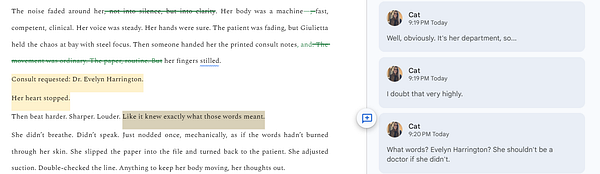 Screenshot of text edits highlighting errors and issues in a manuscript, showing a side-by-side document editing interface with annotations.