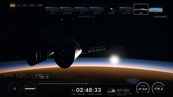 A space simulation interface showing a spacecraft orbiting a planet with detailed telemetry and camera options.