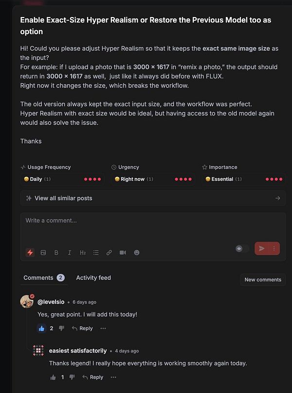 A task post discussing adjustments needed for image processing features in a photo editing application.
