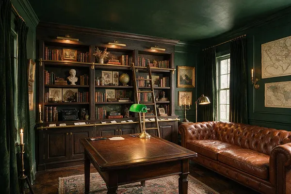 A dark academia game room with deep green walls, a large built-in bookshelf filled with books and decor, and a central wooden table with a green banker’s lamp. A tufted brown leather sofa sits beside tall windows with dark drapery, while framed maps, candles, brass lighting, and a rolling ladder add a scholarly vintage atmosphere.