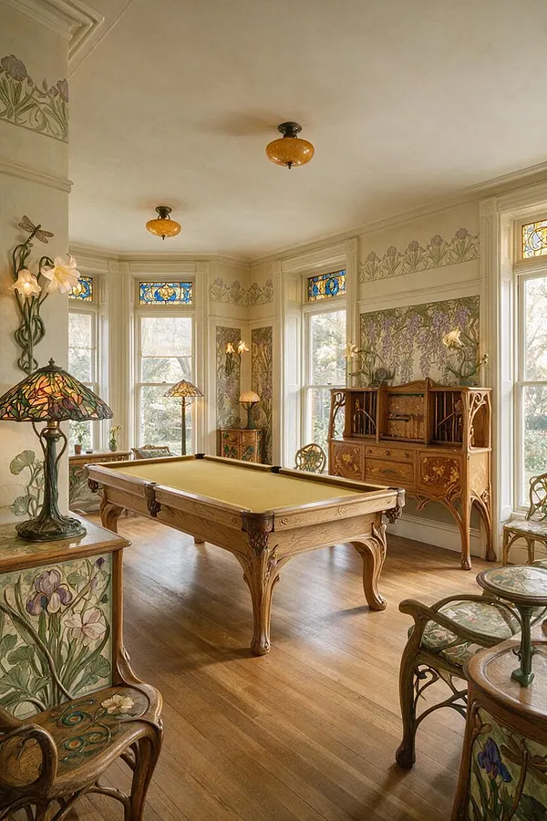 A bright Art Nouveau game room with a central carved wooden billiards table, floral-painted cabinetry, and tall windows topped with stained glass panels. The room features warm wood floors, botanical wall murals, vine-like iron or wood details, and amber glass ceiling lights, creating an ornate vintage atmosphere.