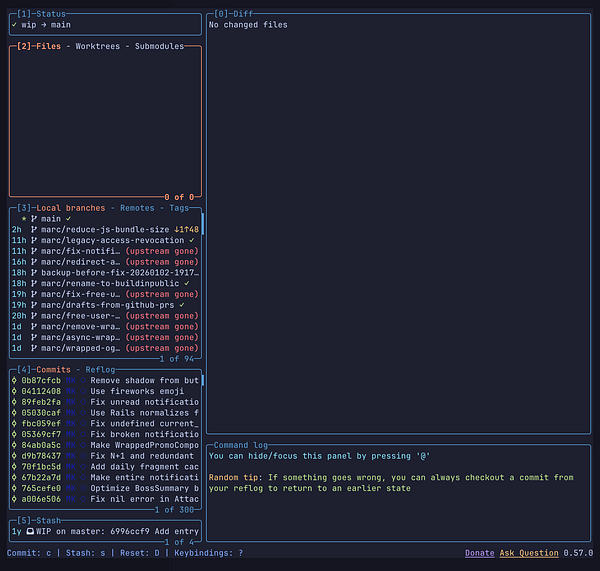 Screenshot of the LazyGit interface showing a Git repository with various branches, commits, and changes staged for commit.