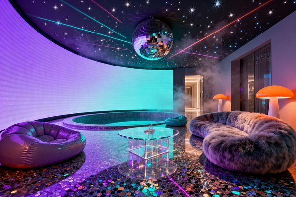 A futuristic media room centers on a curved, wall-size LED screen bathing the space in a purple-to-cyan gradient, wrapping a sunken circular lounge. A fiber‑optic star ceiling with neon lines and a mirrored disco ball glows above glossy black terrazzo flecked with iridescent confetti; seating includes a shaggy faux‑fur serpentine sofa, a purple vinyl lounge chair, a teal pouf, a clear acrylic coffee table, and two orange mushroom lamps amid light theatrical fog.