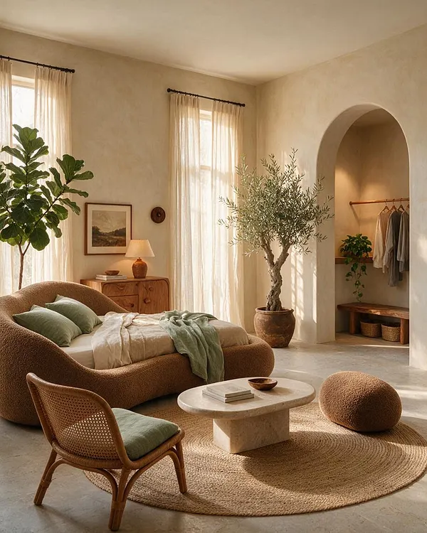 A serene guest bedroom with a rounded brown upholstered bed, sage green bedding, and a woven chair around a textured jute rug. Soft sheer curtains filter sunlight through tall windows, while potted olive trees, natural wood furniture, and a plaster arched niche create a warm biophilic feel.