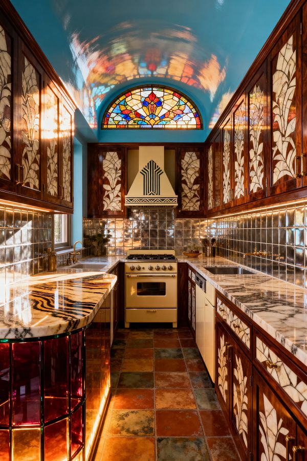 A narrow galley kitchen with an arched, glossy sky‑blue ceiling and a half‑round stained‑glass window casting colorful reflections. Dark walnut cabinets feature cream botanical inlays, paired with white marble countertops veined in black and an antiqued mirror tile backsplash. A cream enamel range sits centered beneath a graphic vent hood, with brass faucet and hardware. Terracotta floor tiles and a curved peninsula clad in jewel‑toned glass complete the richly layered look.