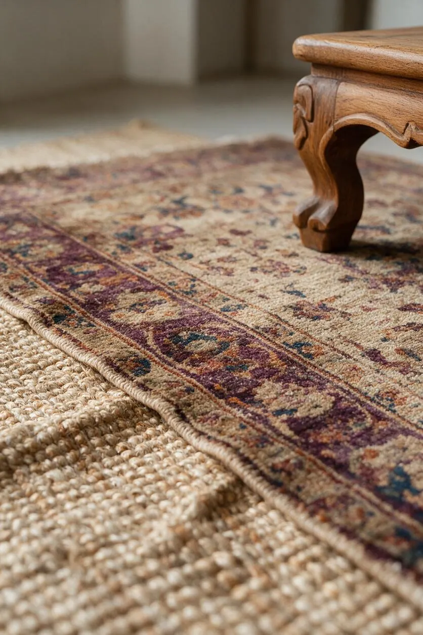 A close-up of layered floor textiles showing a vintage-style patterned rug placed over a chunky natural fiber rug. The corner of a carved wooden furniture leg appears at the upper right, adding a warm handcrafted detail to the earthy bohemian setting.