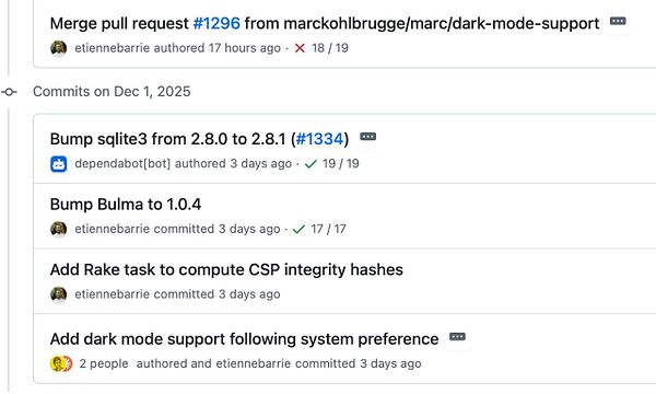 The image displays a GitHub pull request and commit history related to dark mode support for a gem.