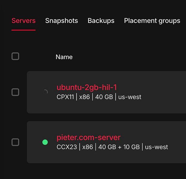 The image displays a server management interface showing two server entries.