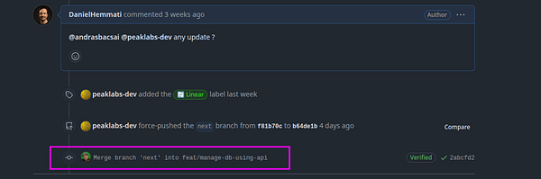 A GitHub pull request conversation showing a merge action after a long wait.