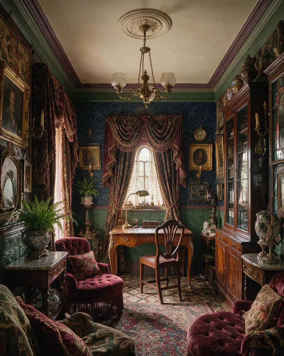 A richly decorated Victorian-style backyard room with dark patterned wallpaper, heavy burgundy drapes, framed artwork, and antique wooden furniture. The space includes a central writing desk, upholstered velvet chairs, potted ferns, a chandelier, and layered rugs in deep jewel tones.