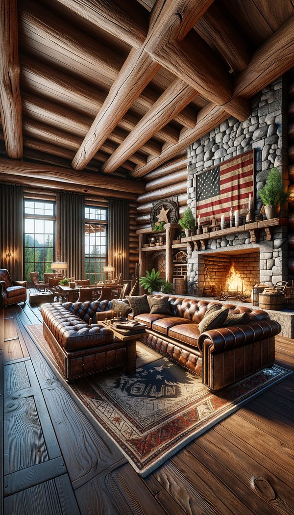 a rustic living room featuring American Frontier style, with leather sofas, a stone fireplace, and wooden beams across the ceiling