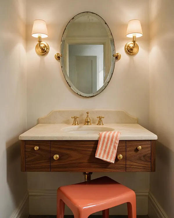 A small powder room features a wall-mounted vanity with a cream stone countertop and dark wood cabinet, topped by an oval antique mirror. Two brass sconces with white shades flank the mirror, and a coral stool sits below the sink, adding a bright pop of color.