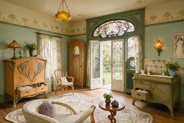 A softly lit nursery with Art Nouveau details, including flowing carved wood furniture, floral wall motifs, and a large arched stained-glass transom above French doors. Pale green walls, sheer curtains, a curved armchair, and a floral rug create a calm, vintage-inspired space filled with natural light.