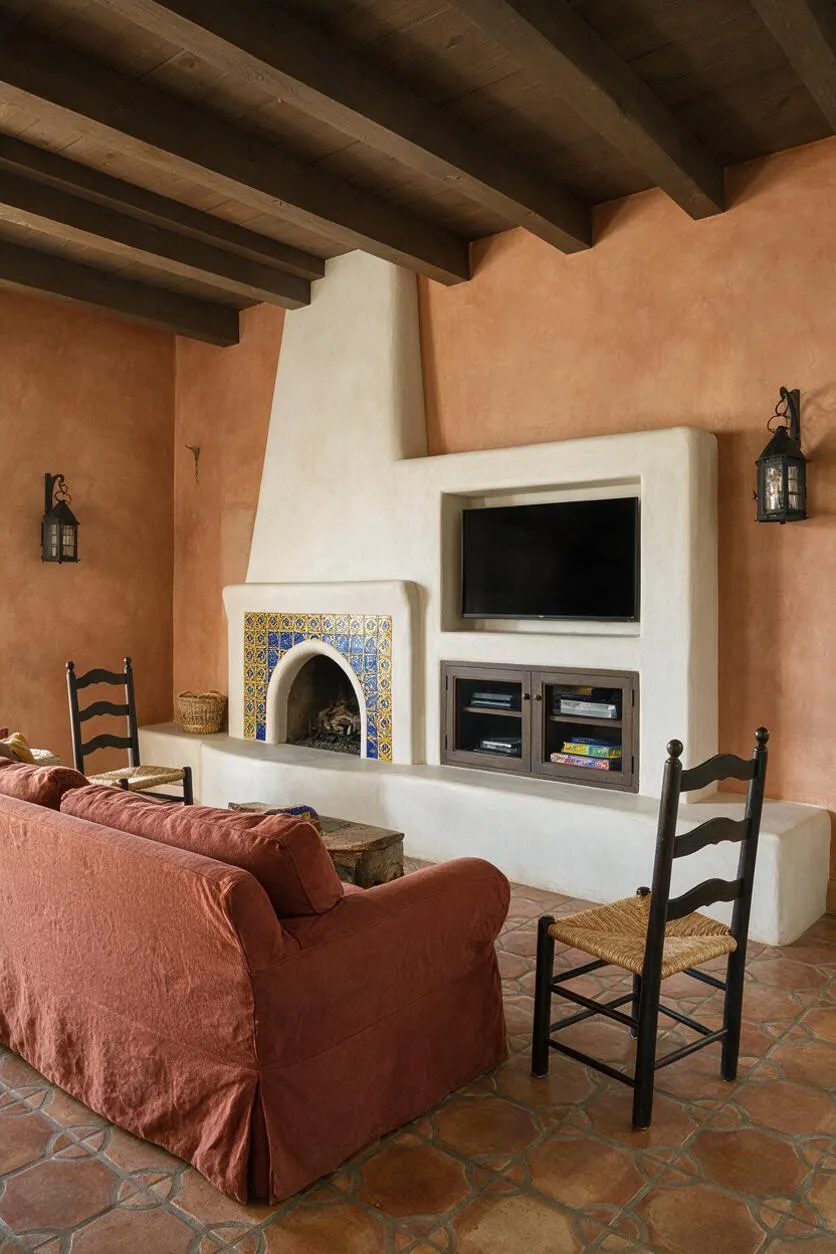 A Mediterranean-style media room with a white stucco fireplace wall, colorful tiled hearth, and a built-in television above low cabinets. Terracotta walls, dark wood ceiling beams, and a red slipcovered sofa create a warm rustic atmosphere, while woven-seat chairs and lantern sconces add traditional character.
