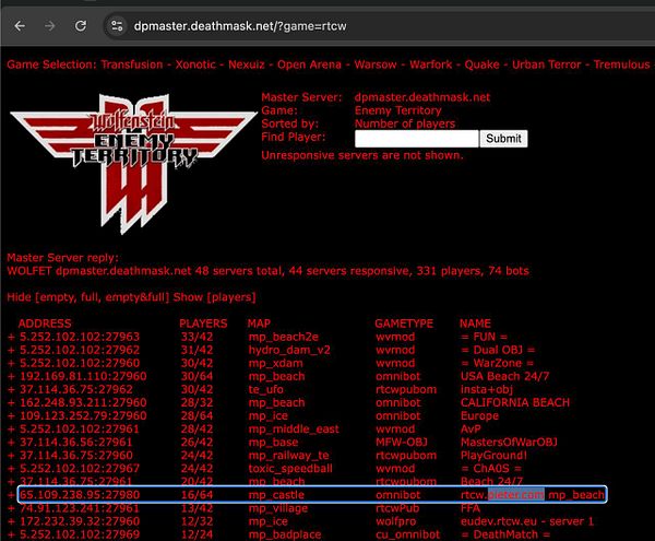 Screenshot of an online tool interface for submitting game servers to public master servers with input fields and a submission button.