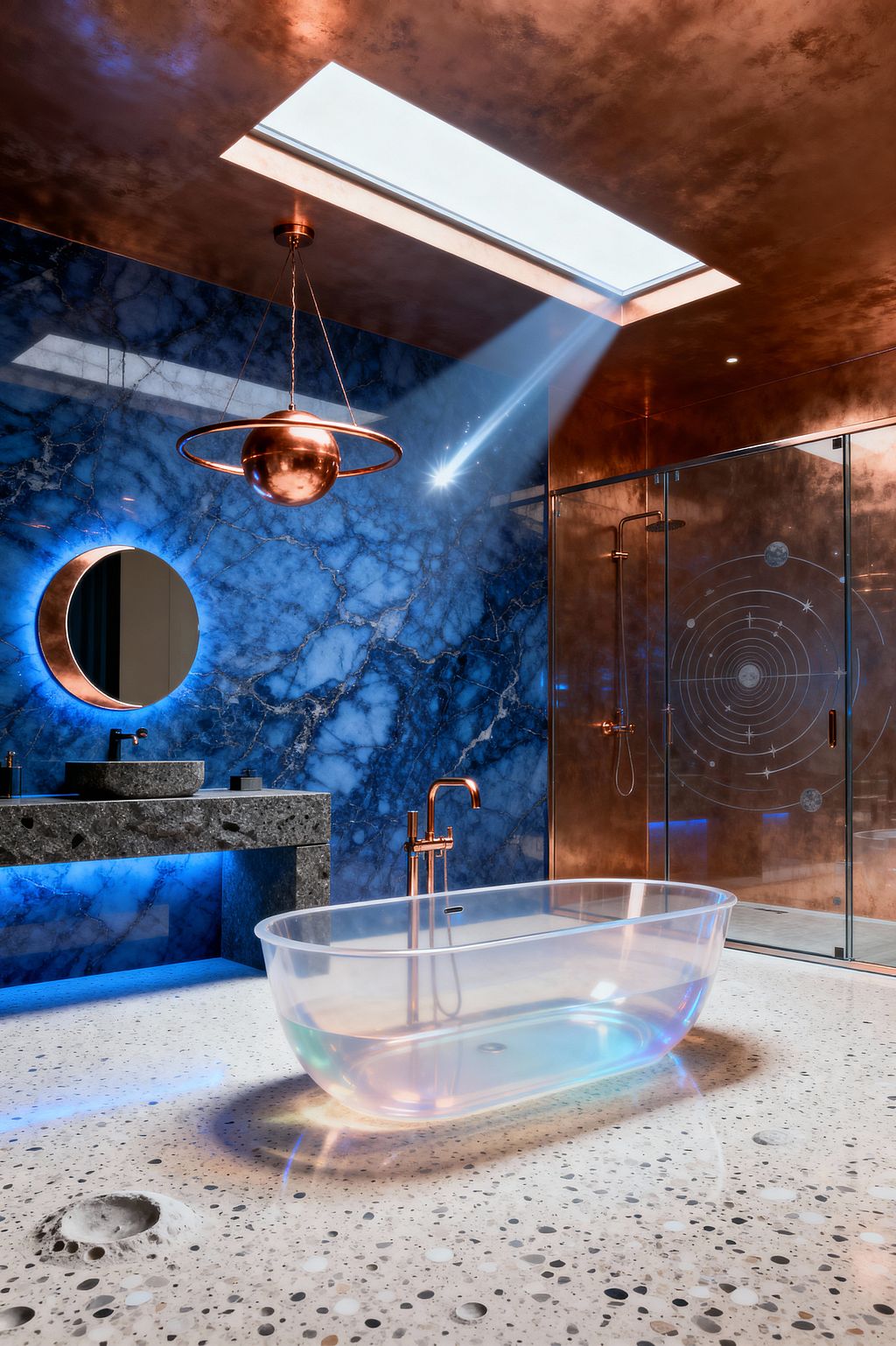 A dramatic bathroom features a skylight beaming onto a translucent, iridescent freestanding tub with a copper floor-mounted faucet. A polished blue marble wall backs a charcoal stone vanity and a round backlit mirror. The ceiling and fixtures are warm copper, including a planet-like pendant with a circular ring. A glass shower enclosure shows an etched solar system motif. The speckled terrazzo floor includes crater-like details, while blue LED light adds a futuristic glow.