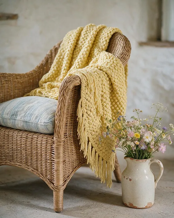 A cozy wicker armchair with a pale blue seat cushion is draped in a chunky yellow knitted throw. Next to it sits a rustic cream ceramic jug filled with small wildflowers, all against a softly weathered neutral wall and concrete floor.