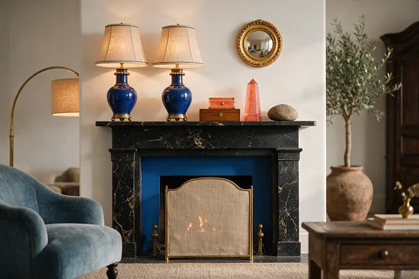 An eclectic living room vignette centers on a black marble fireplace with a vivid cobalt-blue firebox surround and a brass-framed screen. Two matching blue ceramic table lamps with beige shades sit on the mantel beside coral and wood decor, a small round mirror, and a stone object. A teal velvet chair, arched floor lamp, and rustic wood furniture complete the layered space.