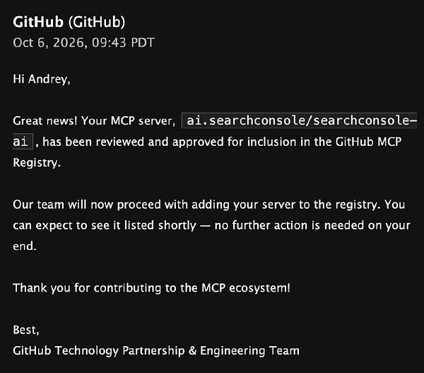 Email from GitHub confirming approval of MCP server ai.searchconsole/searchconsole-ai into the GitHub MCP Registry.