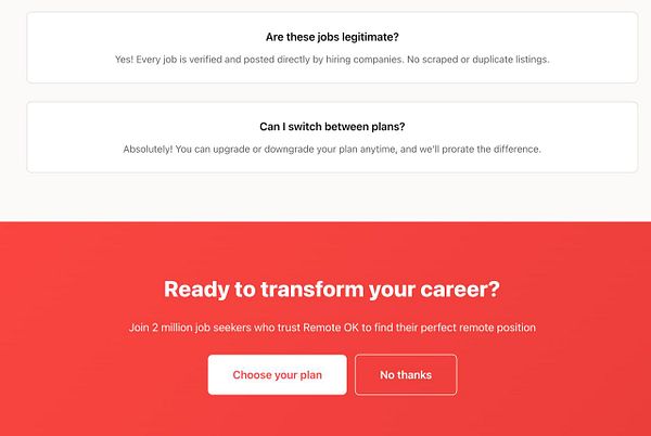 The image displays a section of the Remote OK Go Premium page featuring FAQs and a call-to-action for job seekers.