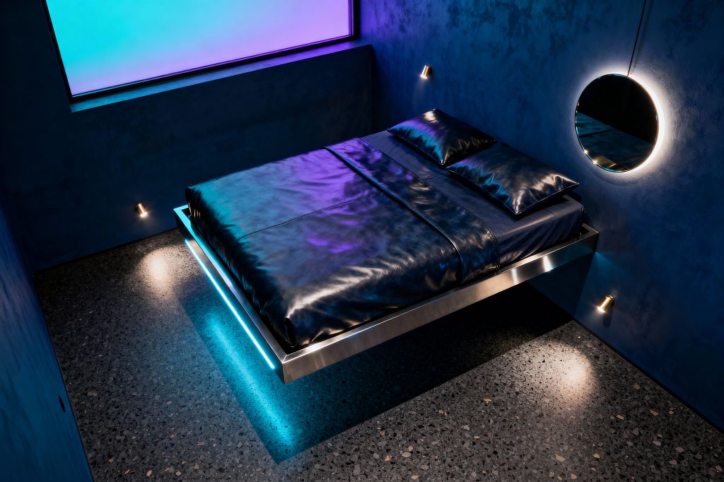 A futuristic bedroom with midnight-blue plaster walls and a dark terrazzo floor. A cantilevered stainless-steel platform bed appears to float, edged with cyan LED underglow and dressed in glossy black bedding. A large backlit window panel glows from cyan to violet, casting gradients across the room. A round halo-lit mirror and small brass wall sconces create focused pools of light, completing a moody, cosmic atmosphere.