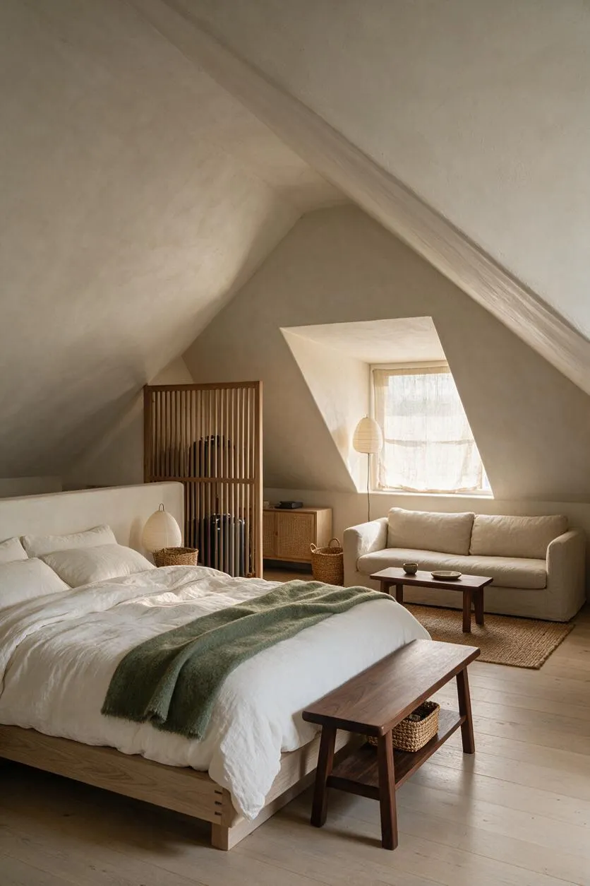 A serene Japandi-style guest bedroom with sloped ceilings, a low wood platform bed dressed in white bedding and a sage throw, a small wooden bench at the foot, and warm neutral walls. A slatted wood room divider, woven textures, a cream sofa, and a sheer-curtained window create a soft, sunlit atmosphere.