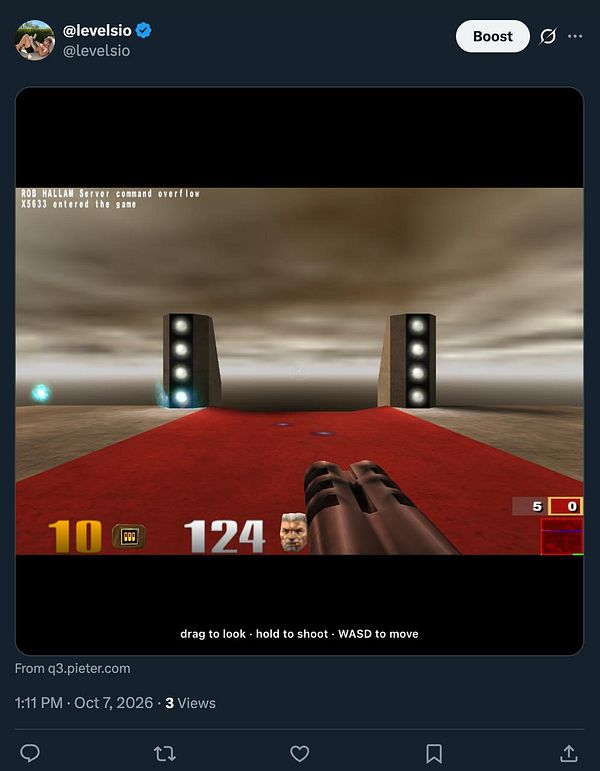 Screenshot of a first-person shooter game titled Server command overflow by Rob Hallam, showing gameplay with HUD elements and player instructions.