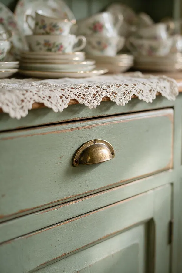 A close-up of a painted mint green wooden cabinet with a rounded brass drawer pull. The top is styled with cream lace, stacked floral teacups, saucers, and plates, creating a soft cottagecore display.