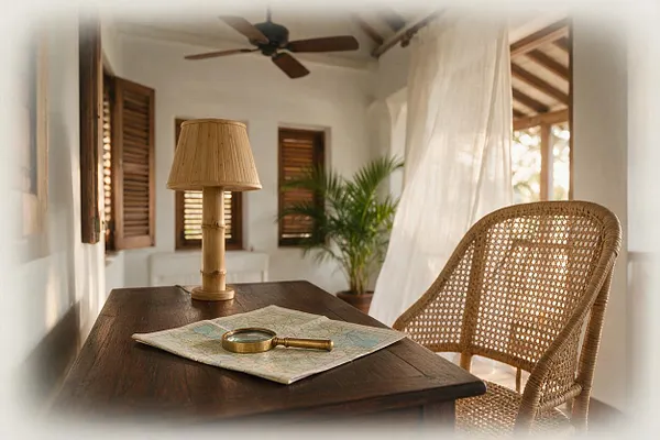 A tropical-style interior vignette with a dark wooden table in the foreground, topped with a folded map and brass magnifying glass. A bamboo table lamp stands beside a woven rattan chair, with sheer curtains, wooden shutters, a ceiling fan, and a potted palm softening the sunlit room.