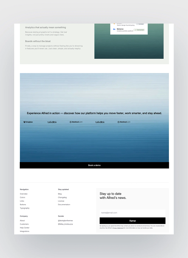 Landing page design of Alfred, a SaaS marketing site template, showing a clean interface with a headline, subheadline, call-to-action button, and modern graphics.