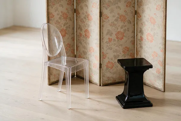 A clear acrylic chair sits beside a glossy black pedestal stool in front of a folding room screen covered in soft floral wallpaper. The scene combines modern and vintage elements over a pale wood floor in a minimal, airy space.