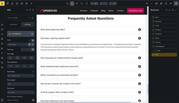 Screenshot of a website homepage design in a prototyping tool showing a new FAQ section being added.
