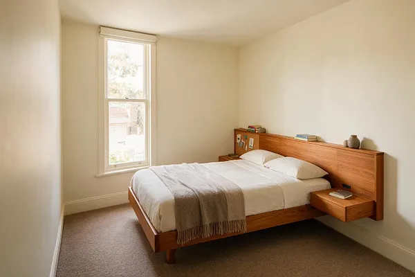 A modern master bedroom with a low wooden platform bed and built-in headboard shelf against a plain white wall. The room has cream walls, a single tall window for natural light, white bedding, a gray throw, and a beige carpet for a calm, minimalist feel.