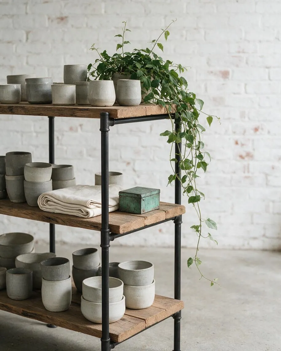 A three-tier industrial shelving unit with thick reclaimed wood shelves and black metal pipe supports stands against a white painted brick wall. The shelves hold a collection of matte ceramic pots, folded neutral linens, a small patinated metal box, and a trailing green vine that drapes down the side.