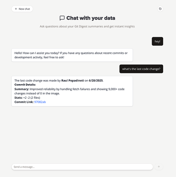 A chat interface displaying information about the last code change in a Git repository.