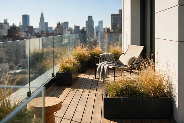 A modern rooftop terrace with warm wood decking, clear glass railings, and black planter boxes filled with ornamental grasses. A beige lounge chair with a gray throw sits beside a light exterior wall, overlooking a blurred city skyline in the background.