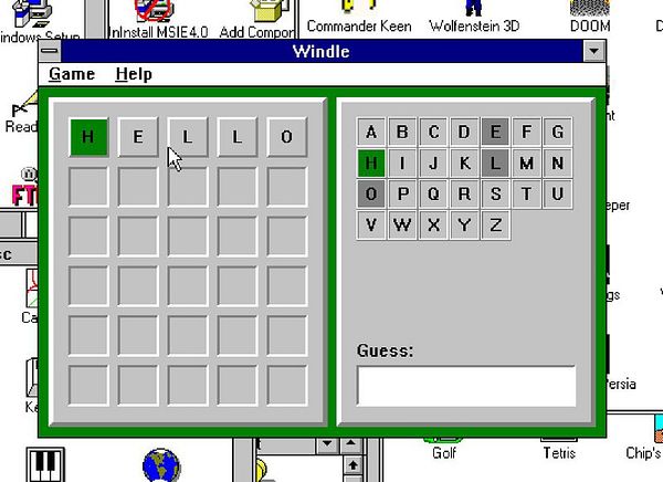 The image displays a screenshot of the game Windle, featuring a grid for letter guesses and a keyboard layout.