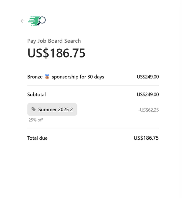 The image displays a payment summary for a job board sponsorship with a discount applied.