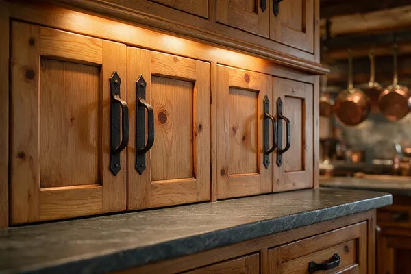 A close-up of rustic kitchen cabinetry with warm natural wood grain, recessed panel doors, and black iron handles. A dark stone or concrete countertop runs along the lower edge, while soft under-cabinet lighting highlights the wood texture and creates a cozy glow.