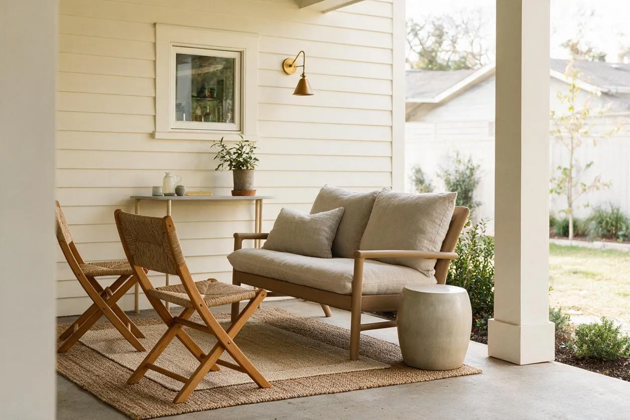 A covered backyard porch styled as a transitional sitting area with a light wood-framed sofa, two woven folding chairs, and a round ceramic side table on layered neutral rugs. The space features white horizontal siding, a small wall-mounted shelf, a brass sconce, and soft greenery beyond the open patio.