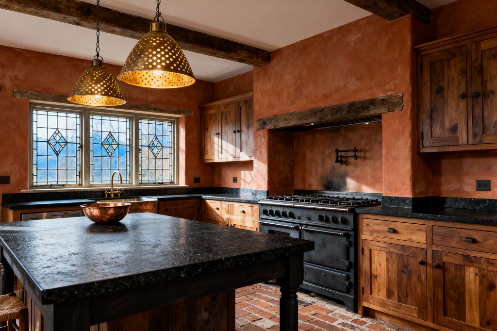 A rustic kitchen with hand-troweled terracotta walls, exposed timber beams, and knotty wood cabinets surrounding a black cast-iron range under a chunky wood hood. Black soapstone countertops and a matching island sit over reclaimed brick flooring; a leaded-glass window with diamond panes and a brass faucet face the sink, while two perforated brass pendant lights and a copper bowl add warm metallic highlights.