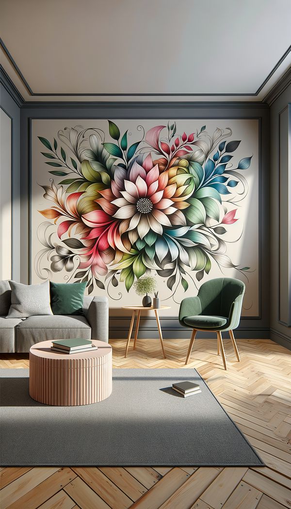 A creatively designed room with a large, colorful wall decal featuring a floral pattern.
