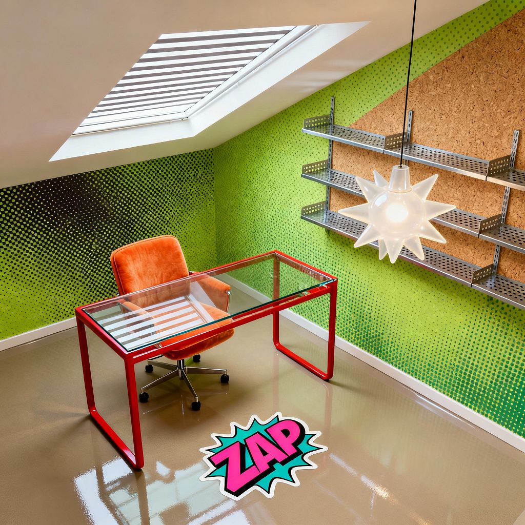 A compact loft home office features a glass desk with a bright red metal frame and an orange swivel chair set on a glossy taupe floor with a pink and teal ZAP comic graphic. The sloped ceiling includes a skylight, while neon green halftone walls meet a cork panel fitted with perforated metal shelves, and a white starburst pendant hangs centrally, creating a bold, Pop Art atmosphere with strong contrasts and ample natural and artificial light.