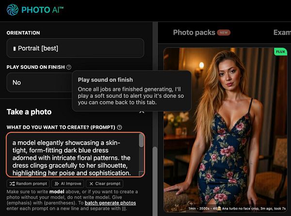 The image displays a user interface for a photo generation tool with a model in a floral dress.