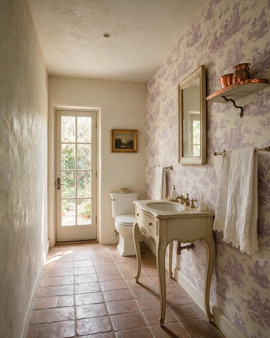 A narrow powder room with terracotta tile floors, a cream French-style vanity, and a toilet near a glass-paneled door. One wall is covered in lavender toile wallpaper, with a gold-framed mirror, towel bars, and copper accents adding a rustic French Country feel.